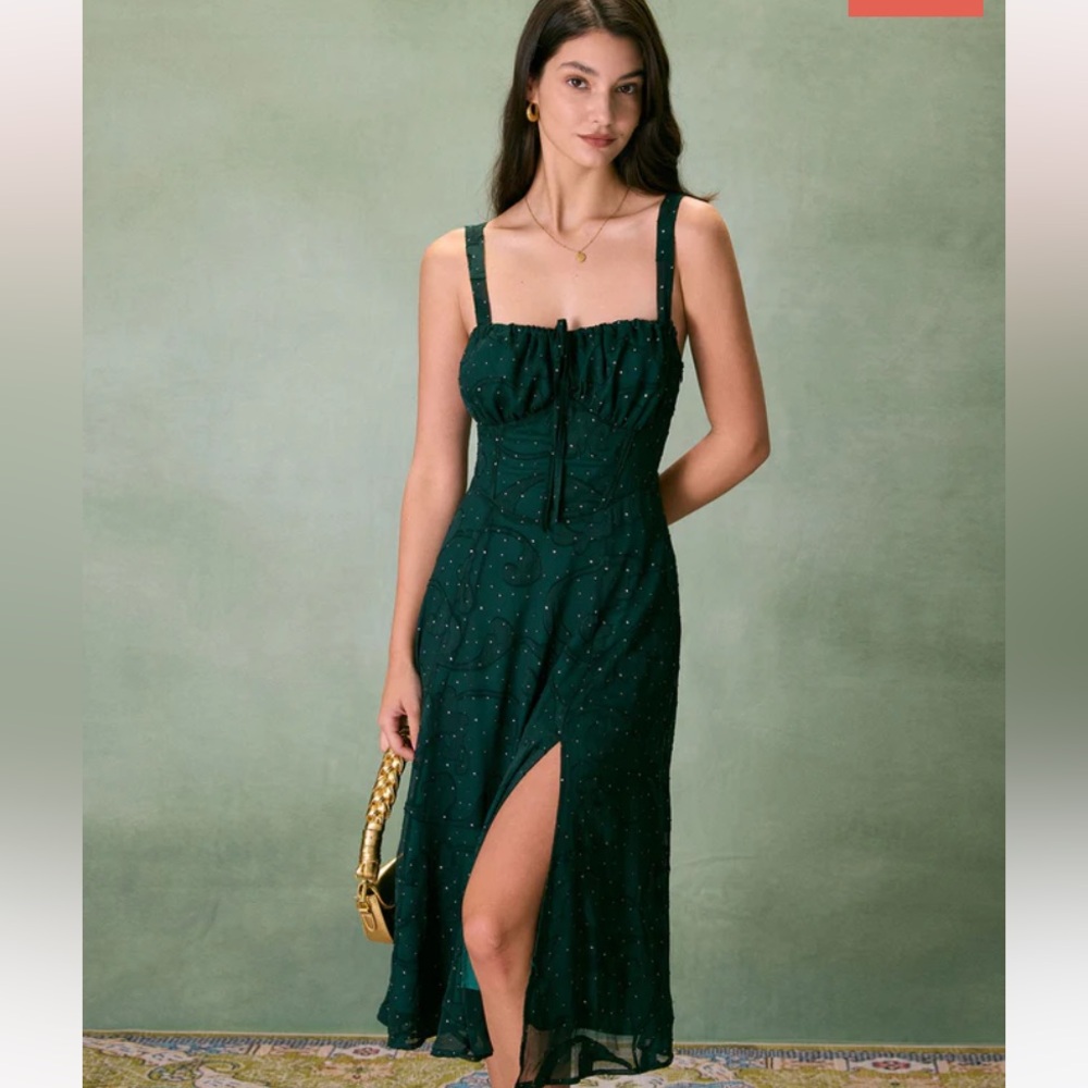 NWT Green Square Neck Jacquard Slit Midi Dress
